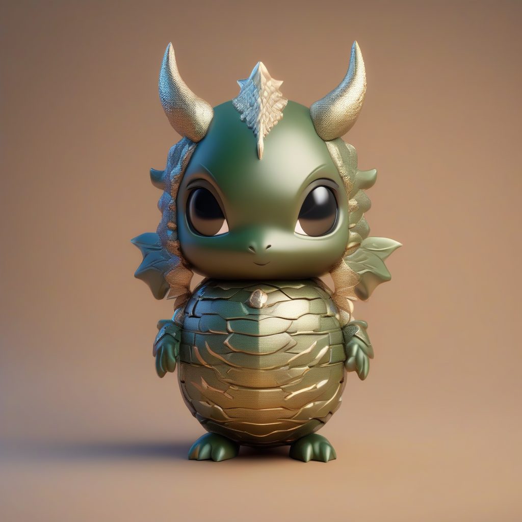 古代龙蛋Q版：守护姿态与纯橄榄绿背景C4D渲染