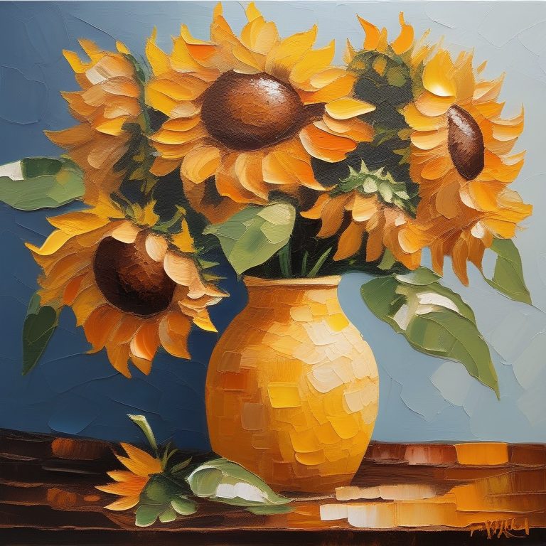 古典厚涂油画风格的向日葵花瓶