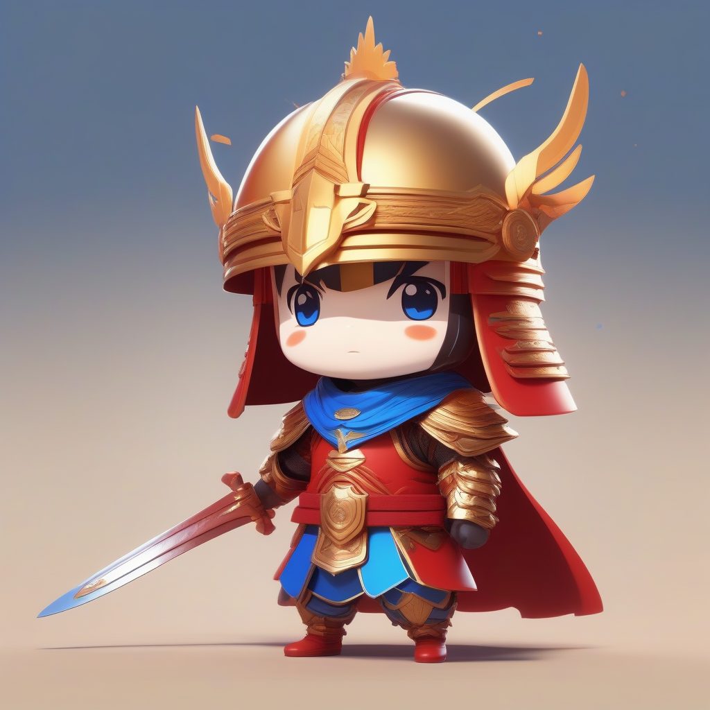 古风Q版小将军：铠甲英雄全身站姿渲染，高对比度色彩