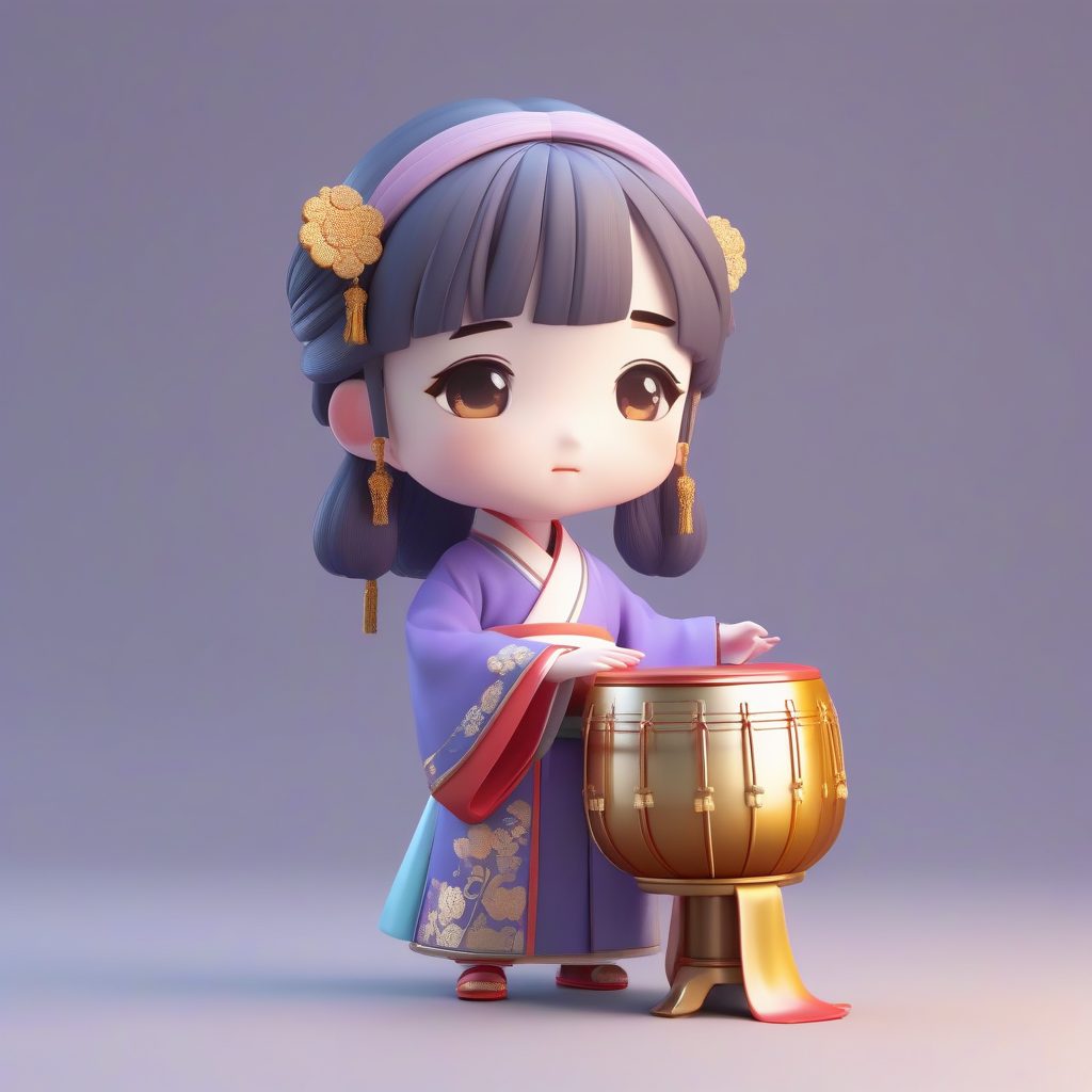 鼓乐活动主题：敲打小鼓的活泼Q版汉服女孩全身渲染