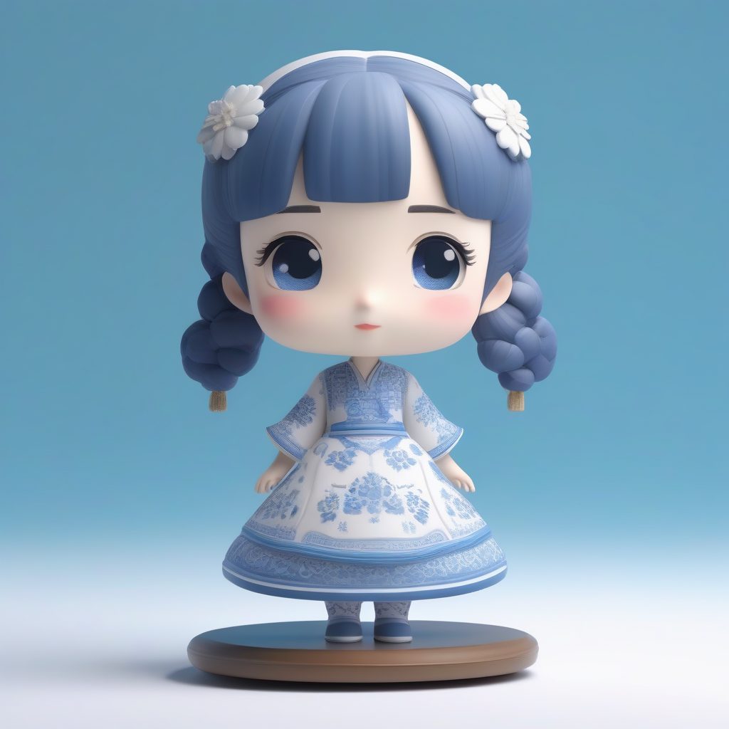 光影追踪：青花瓷主题Q版中国裙3D雕塑全身渲染