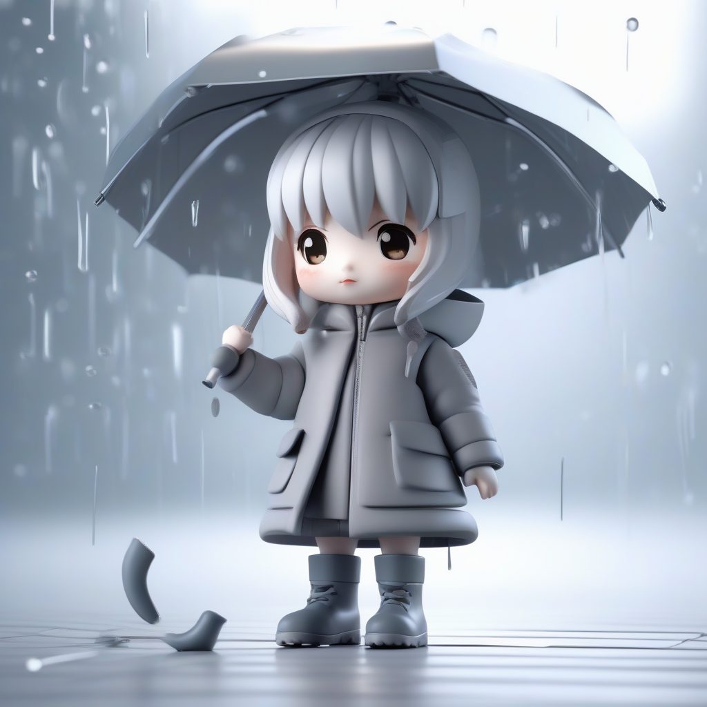 光泽雨季JK：透明雨伞与雾面灰渐变背景3D手办