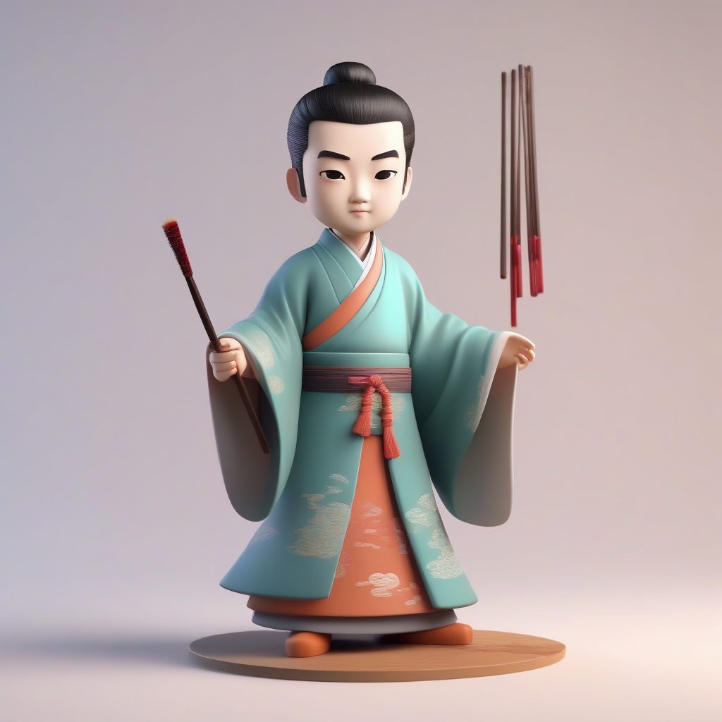 国潮古风Q版书生:3D建模粘土风汉服盲盒插画提示词