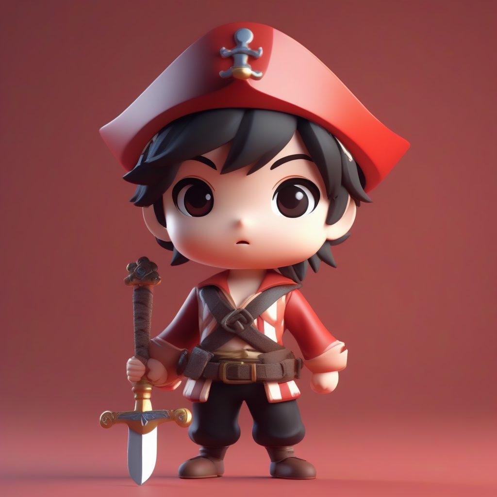 海盗船长Q版男孩：胜利姿势，饱和色彩C4D软体美学全身提示词