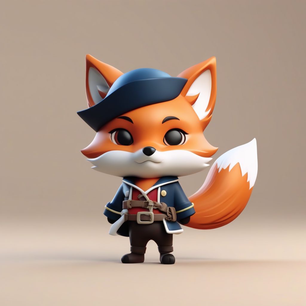 海盗小狐狸Q版手办：坚毅站姿与纯沙棕色背景3D渲染