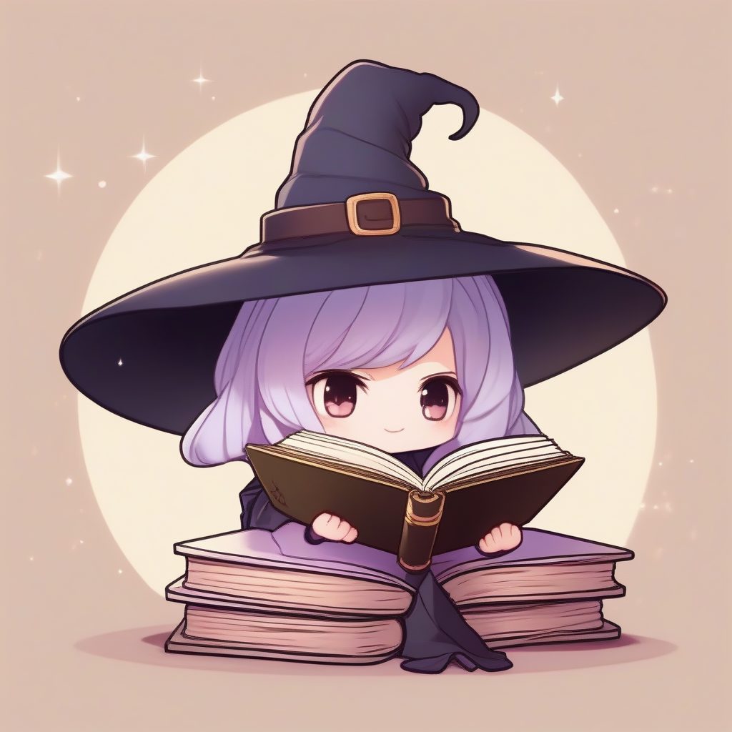 害羞的魔法学徒：极简Q版全身插画与巨大的魔法书