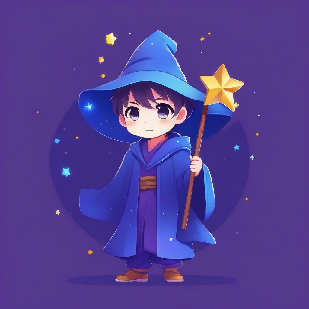 害羞的小魔法师：奇幻Q版全身角色卡，梦幻紫背景AI提示词