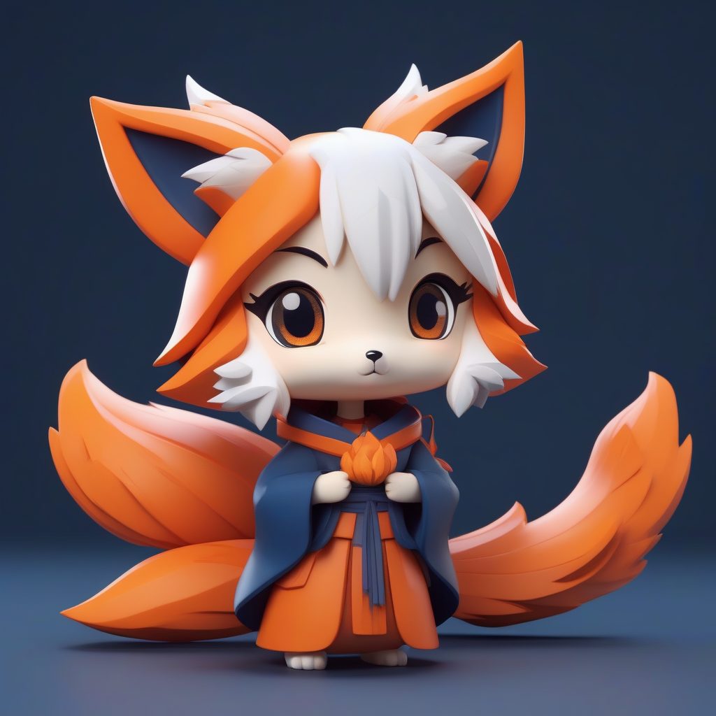 害羞九尾狐耳娘：3D粘土手办全身渲染图