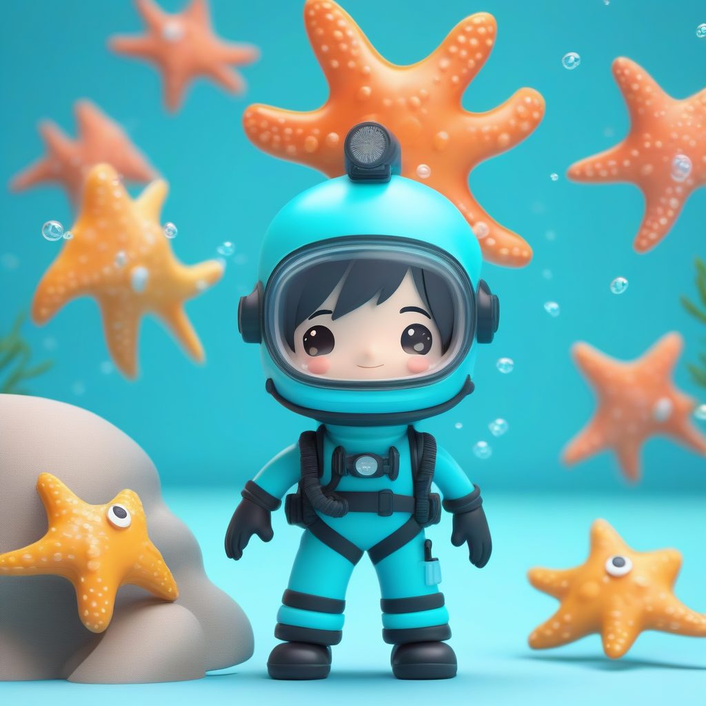 海洋潜水员Q版手办：透明气泡效果，水蓝色极简背景AI提示词