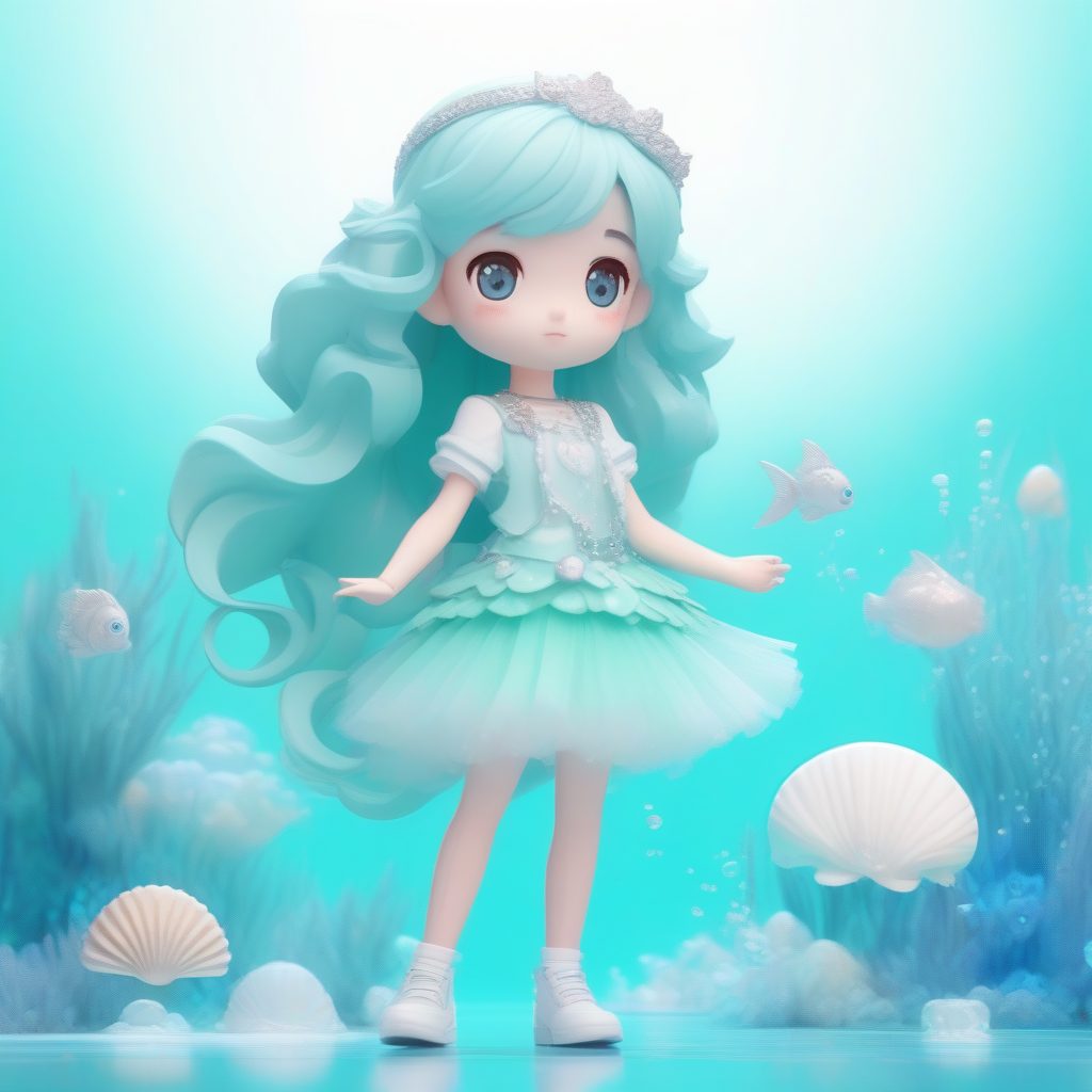 海洋人鱼Q版：鳞片和薄纱，水波纹元素全身特写高细节提示词