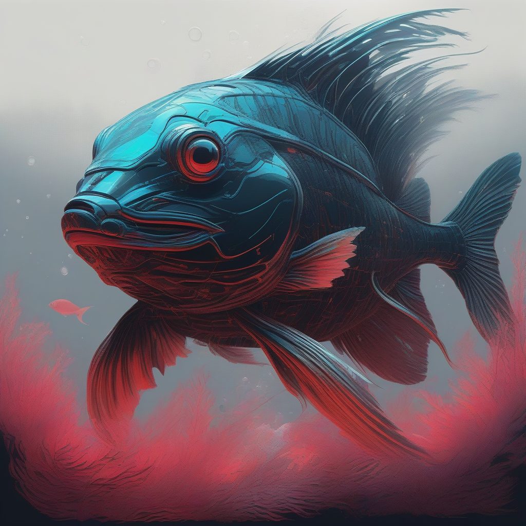 海妖的凝视：绯红薄雾中的赛博水生生物肖像