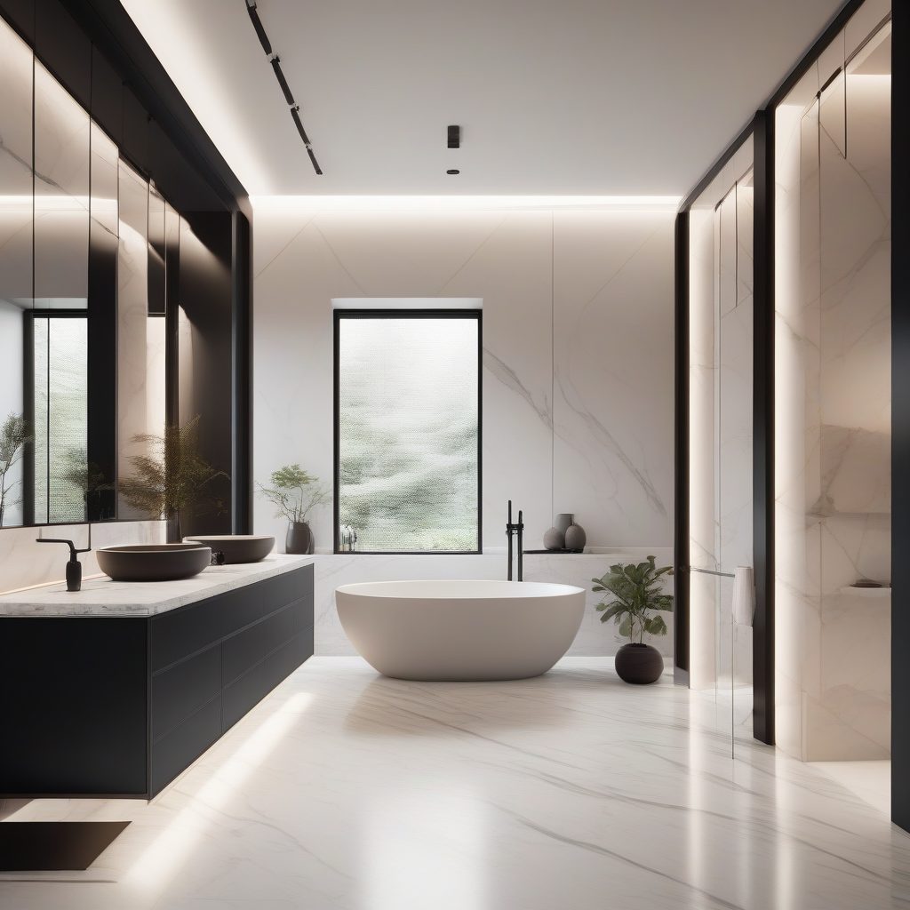 豪华大理石SPA浴室：采光井下的独立浴缸8K视觉盛宴