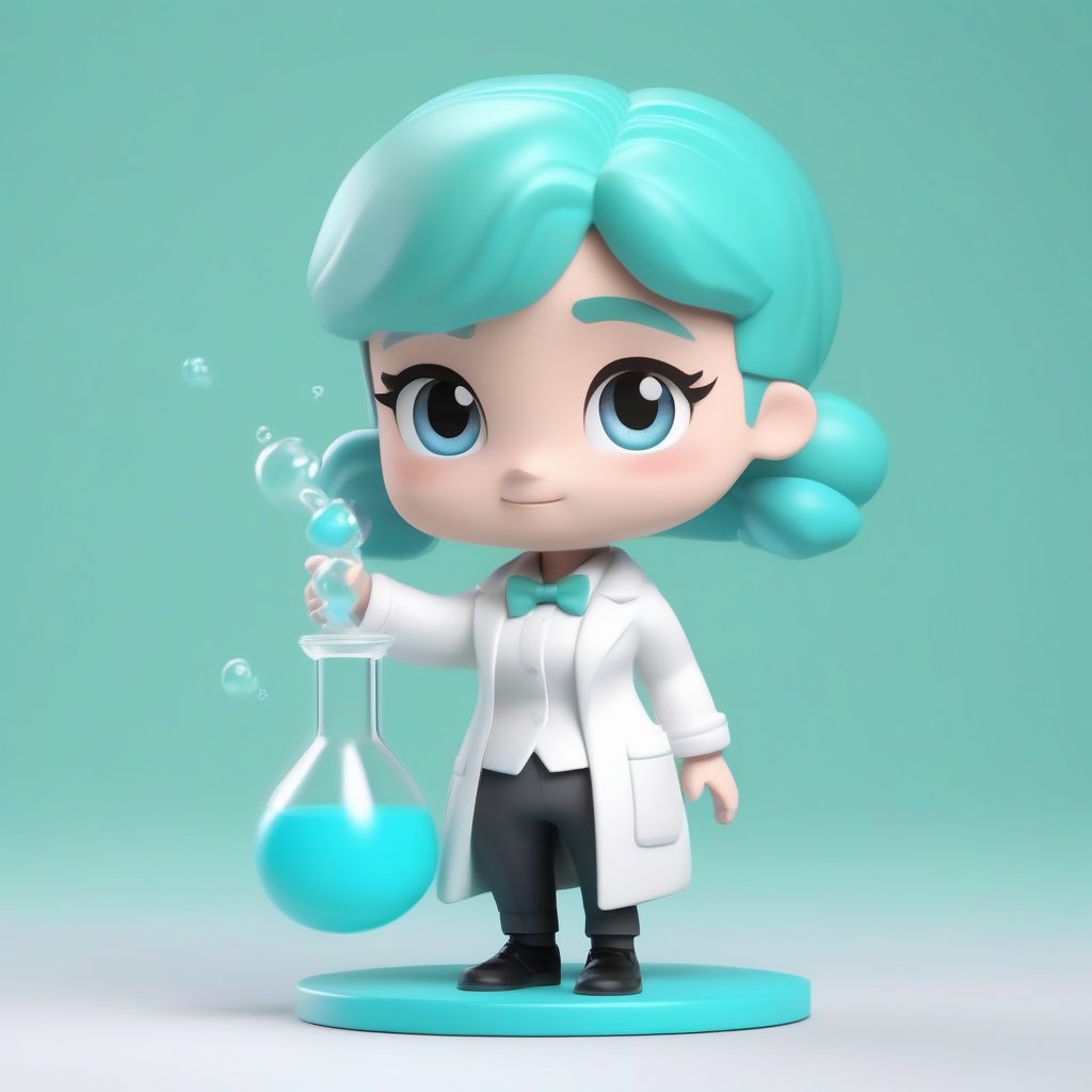 好奇心Q版科学女教师：实验烧瓶道具，薄荷绿主题3D盲盒提示词