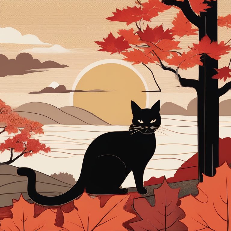 和风木刻黑猫与秋日枫林