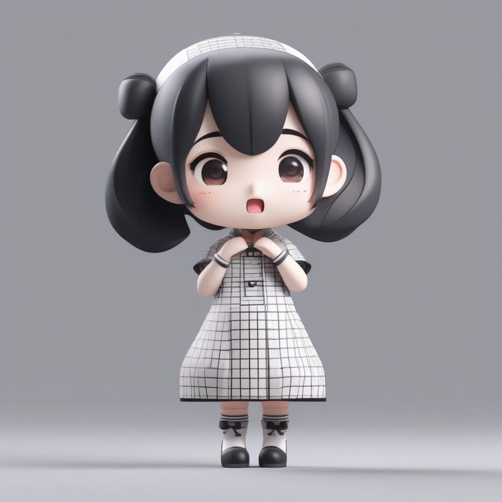 黑白格子：现代摩登风旗袍Q版少女3D高光泽渲染
