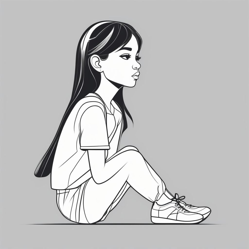 黑白几何风格：沉思中的Q版女孩全身矢量插画