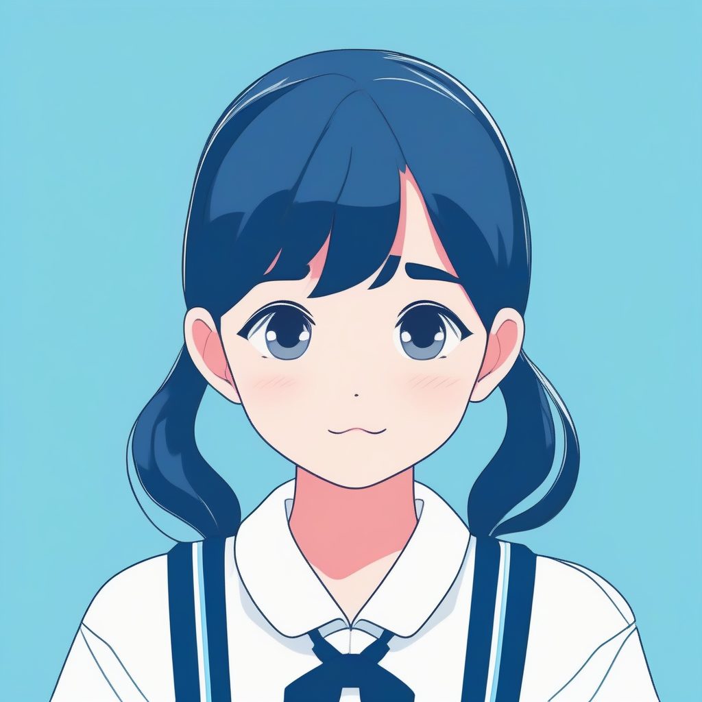 黑发制服少女的羞涩问候：极简风格与纯蓝色背景