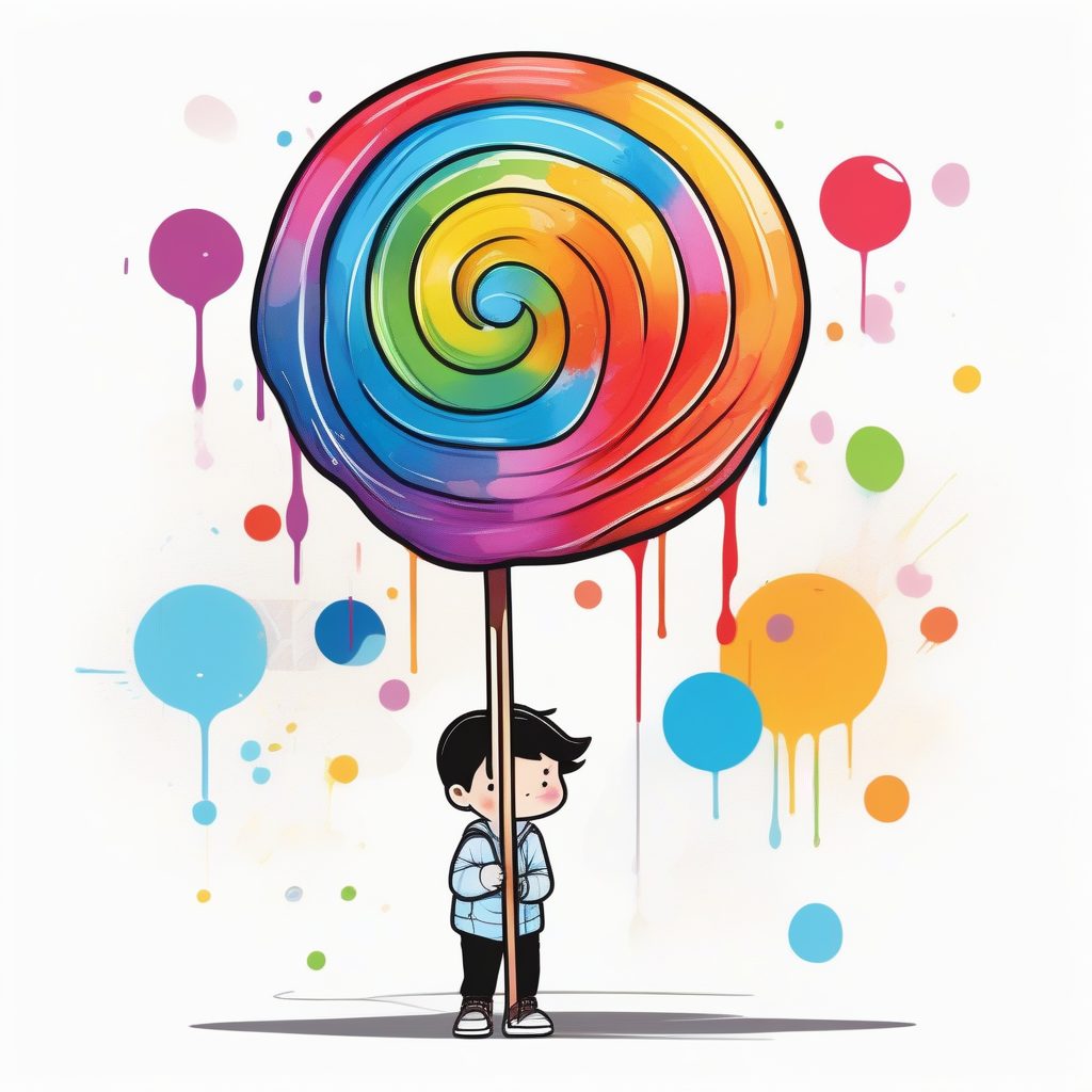 黑墨勾勒：Q版男孩与巨型棒棒糖，抽象水彩滴落艺术