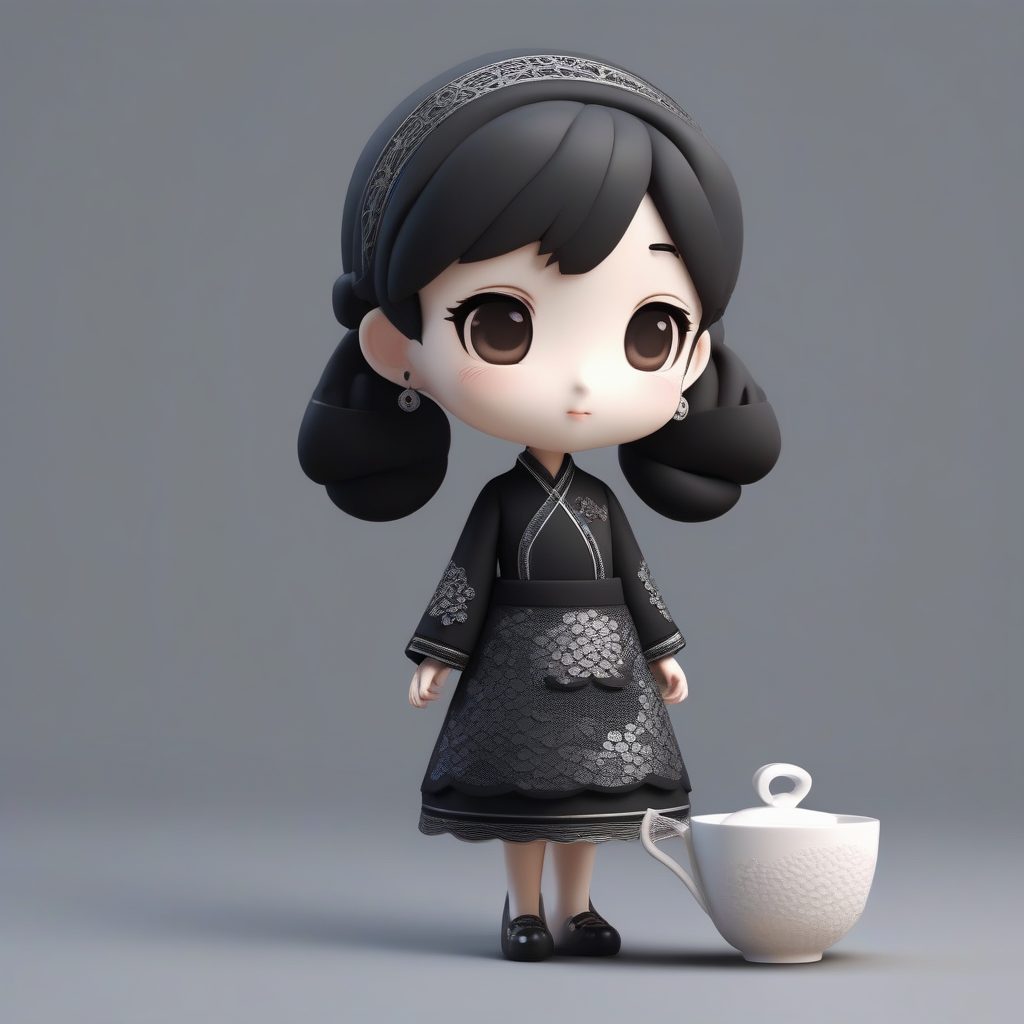 黑色蕾丝旗袍Q版：含羞端茶姿势3D渲染