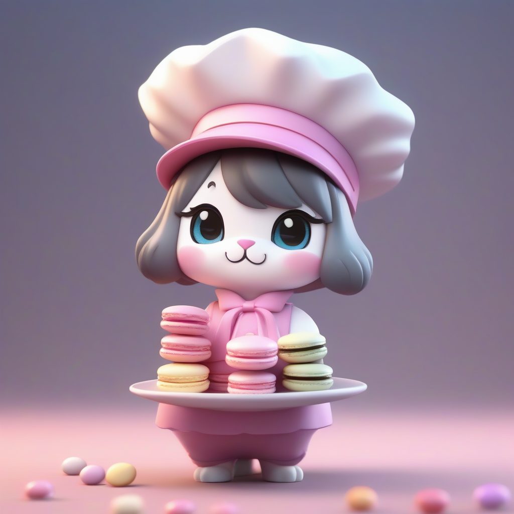 烘焙甜点猫耳娘:粘土高细节3D渲染,纯色背景站立图