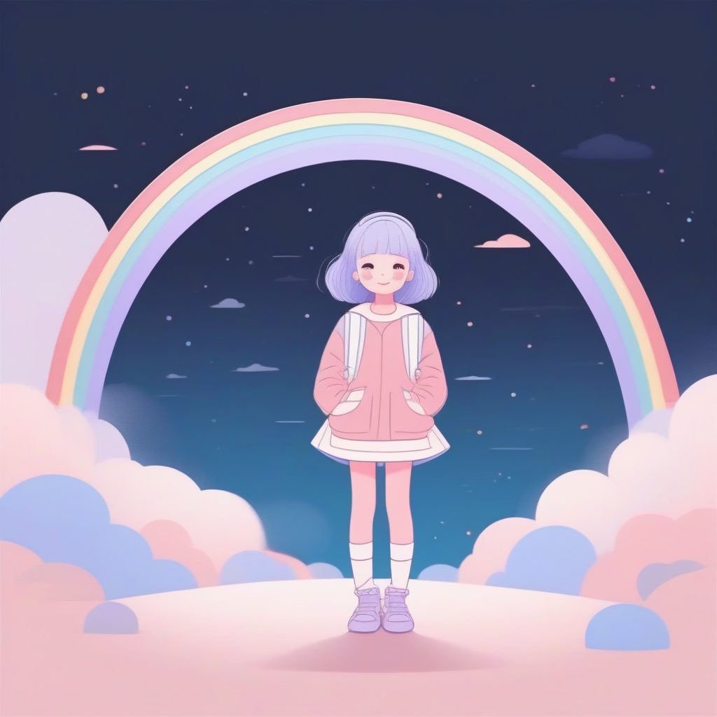 虹光下的圆润线条女孩：极简彩虹主题的欢快插画