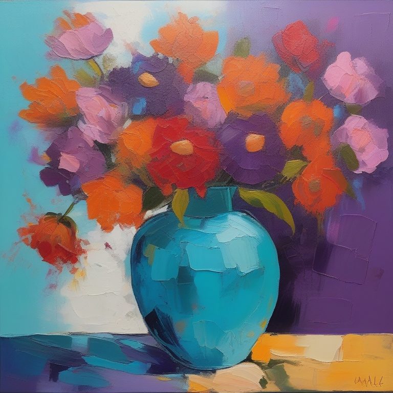 厚涂表现主义的热烈花壶静物