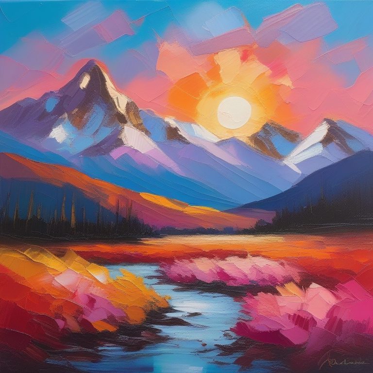 厚涂表现主义下的雪山晨曦景观