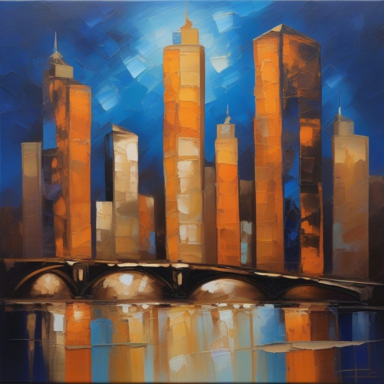 厚涂古典油画的抽象城市夜景