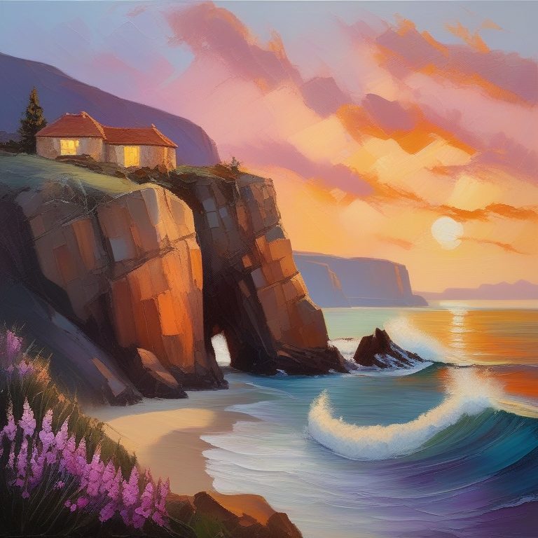 厚涂浪漫发光悬崖海岸风景