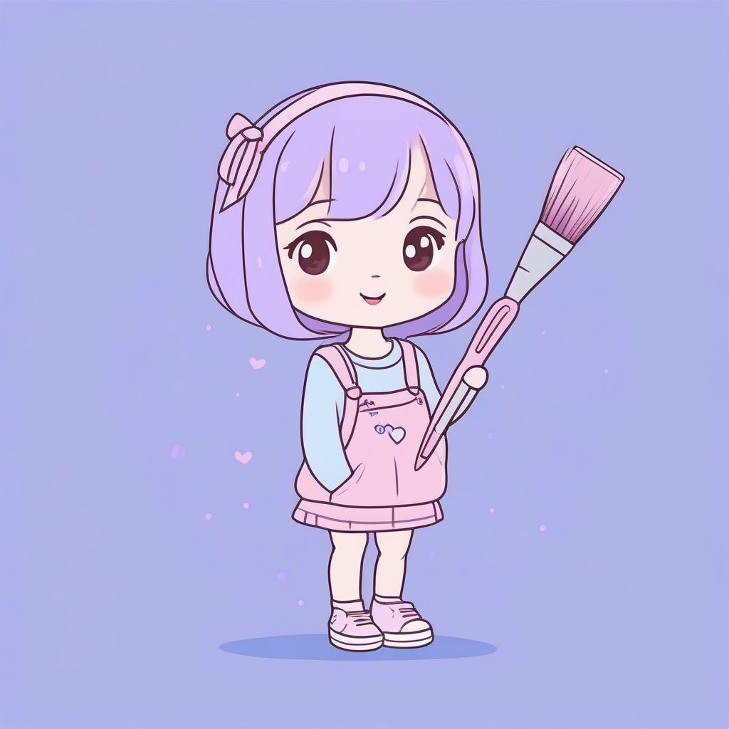 画家甜心：手持画笔的Q版少女，薰衣草色背景提示词