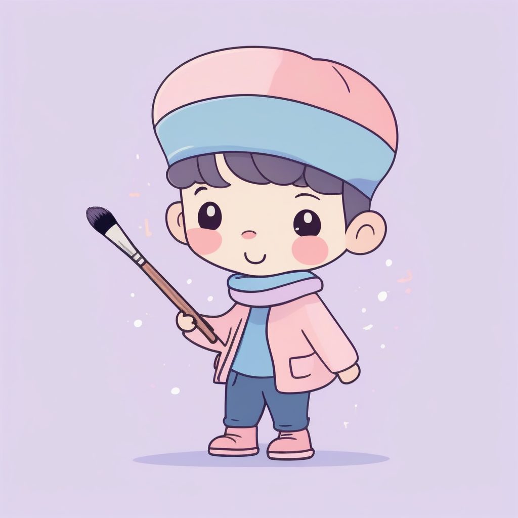 画架艺术家Q版男孩：法式贝雷帽，温柔粉蓝全身像插画