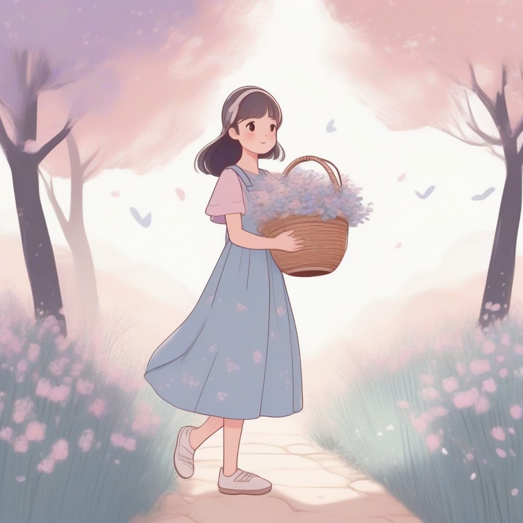 花篮旁的柔和色调少女：手提柳条篮的田园插画