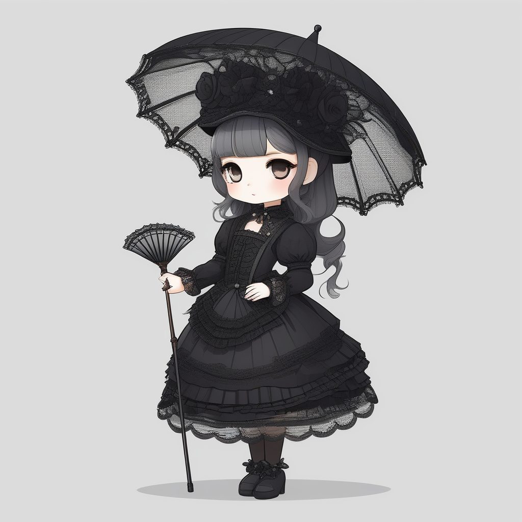 华丽2D Q版哥特萝莉女孩插画：黑色蕾丝与阳伞