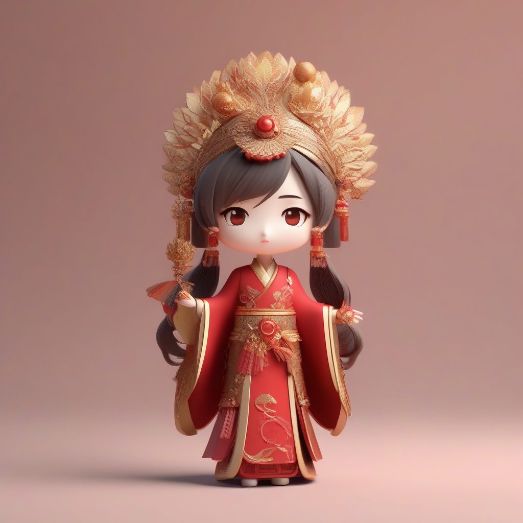 华丽宫廷风Q版公主：红金配色3D盲盒全身像，纯酒红背景