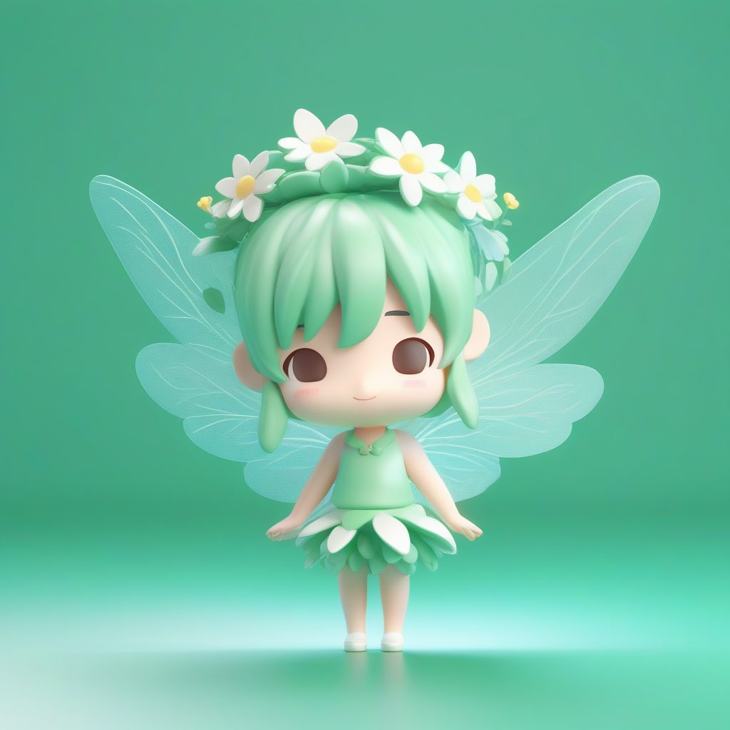 花仙子Q版角色：漂浮姿态、粘土造型，纯薄荷绿背景
