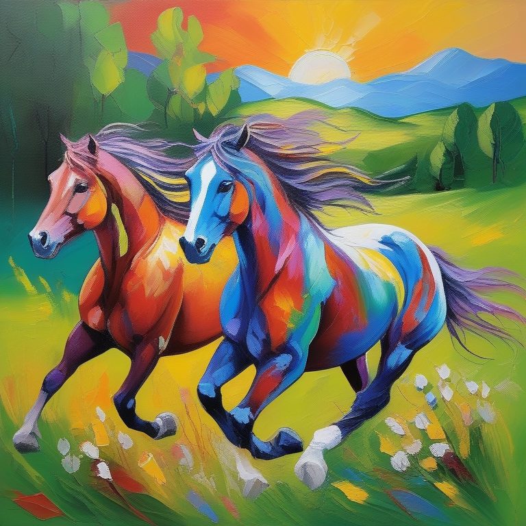 幻想油画草原与彩虹马