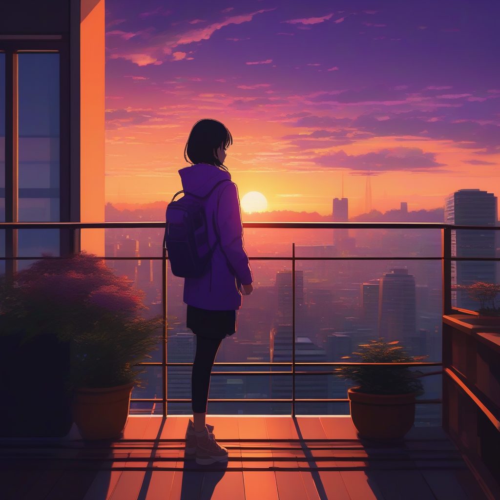 黄昏东京：新海诚风格下的城市屋顶日落