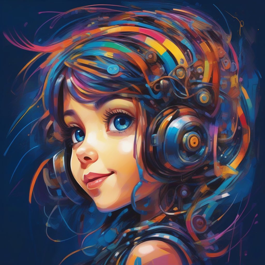 混沌抽象风Q版机械女孩：深蓝背景与粗犷线条艺术