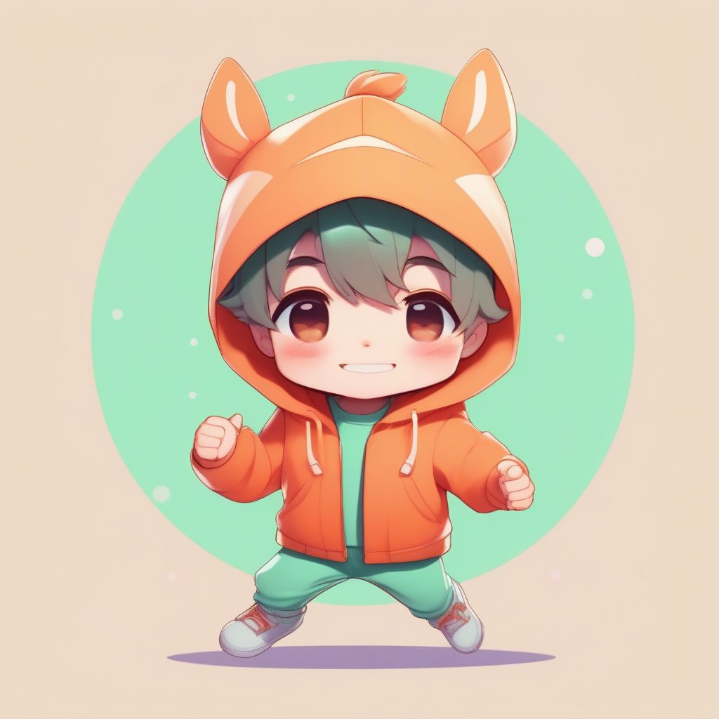 活力橙色卫衣Q版男孩：眨眼与胜利手势，薄荷绿纯色背景