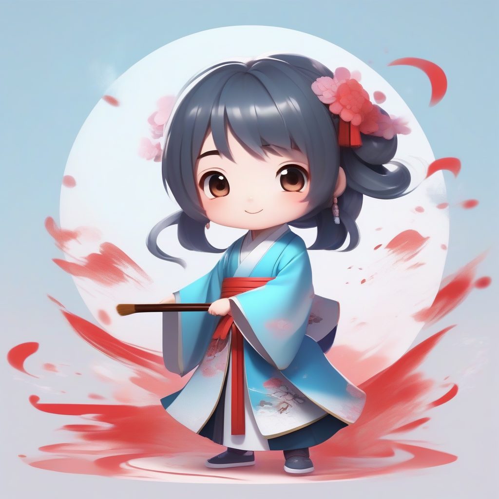 活力四射的Q版小诗人：提笔准备创作的全身渲染图