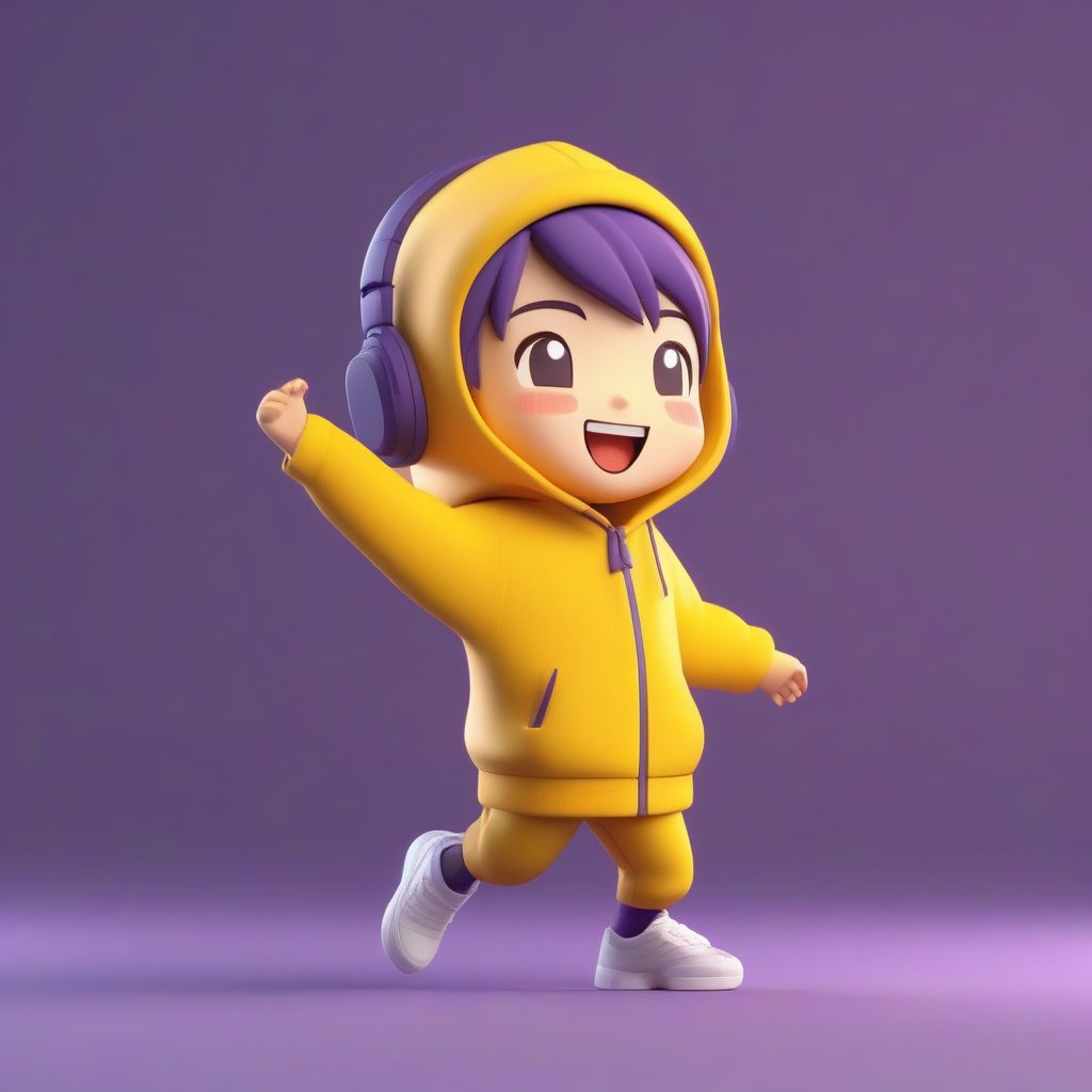活力无限！亮黄色卫衣Q版男孩跳跃姿势3D渲染提示词
