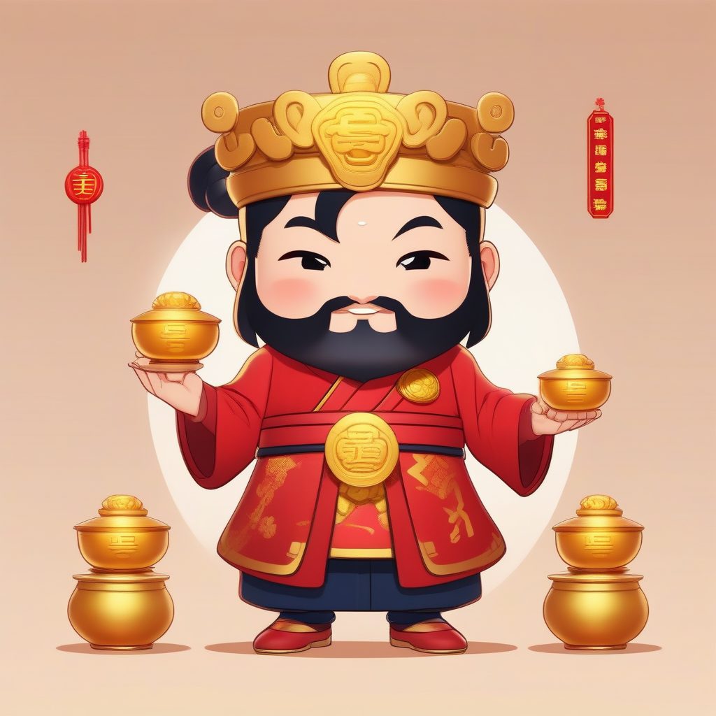 活泼小财神Q版全身渲染：抱着金元宝，纯红背景头像