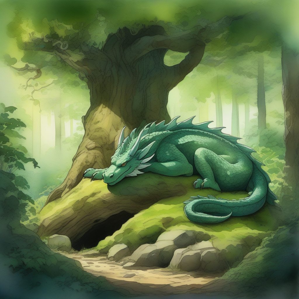 吉卜力风格水彩纹理下宁静森林中的古老巨龙
