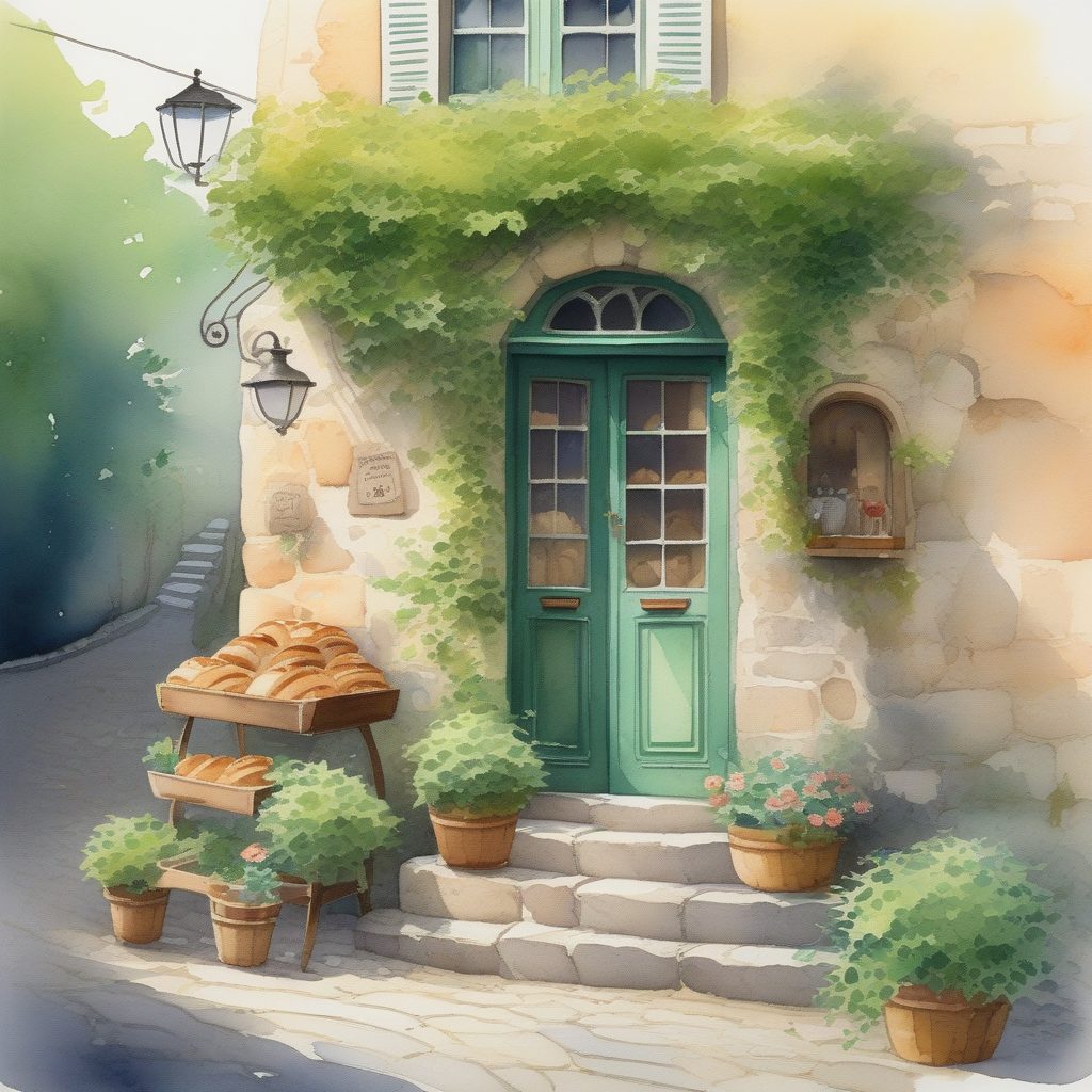 吉卜力风治愈系乡村面包店，水彩纹理晨光广角