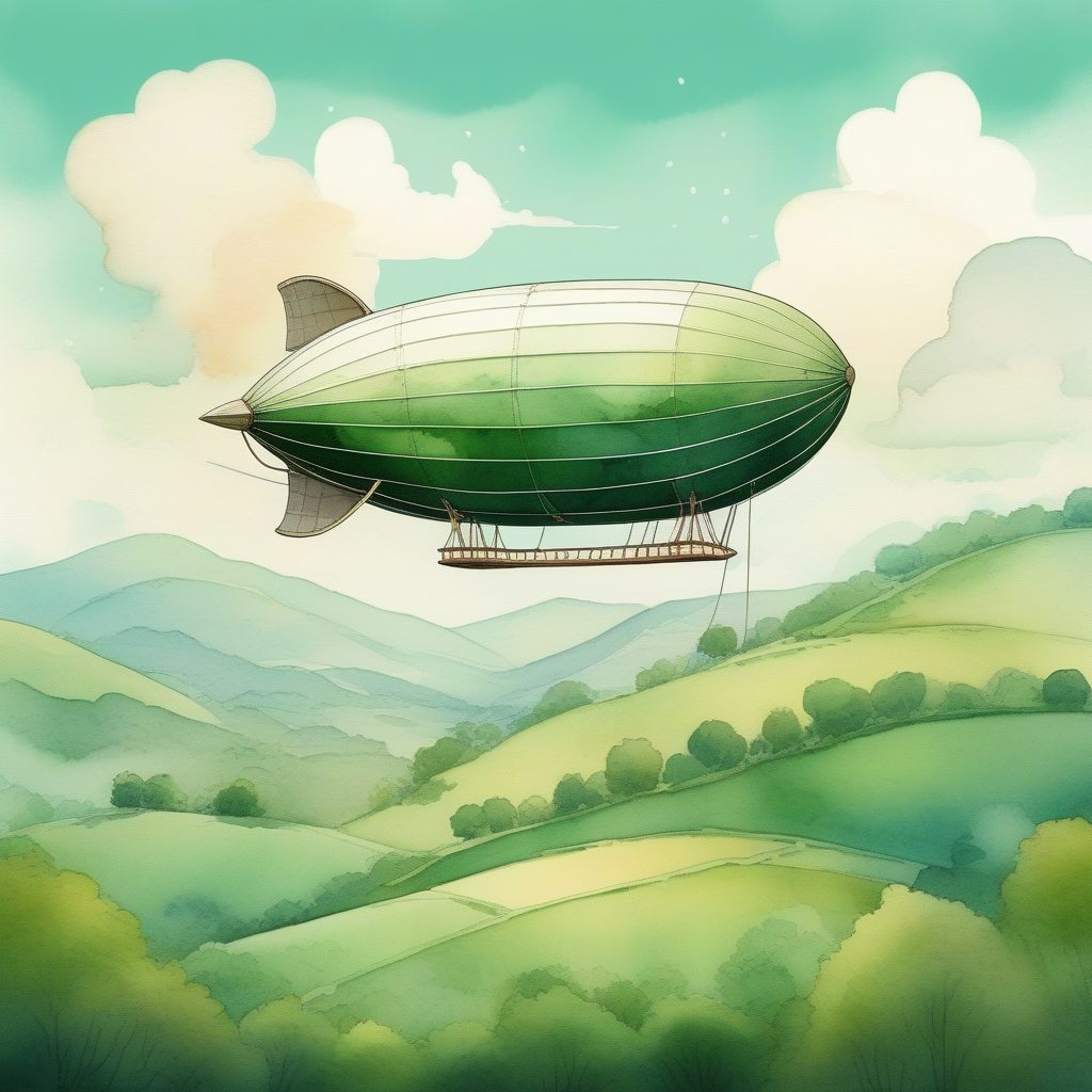 吉卜力水彩风奇幻飞艇与宁静山丘，宫崎骏插画