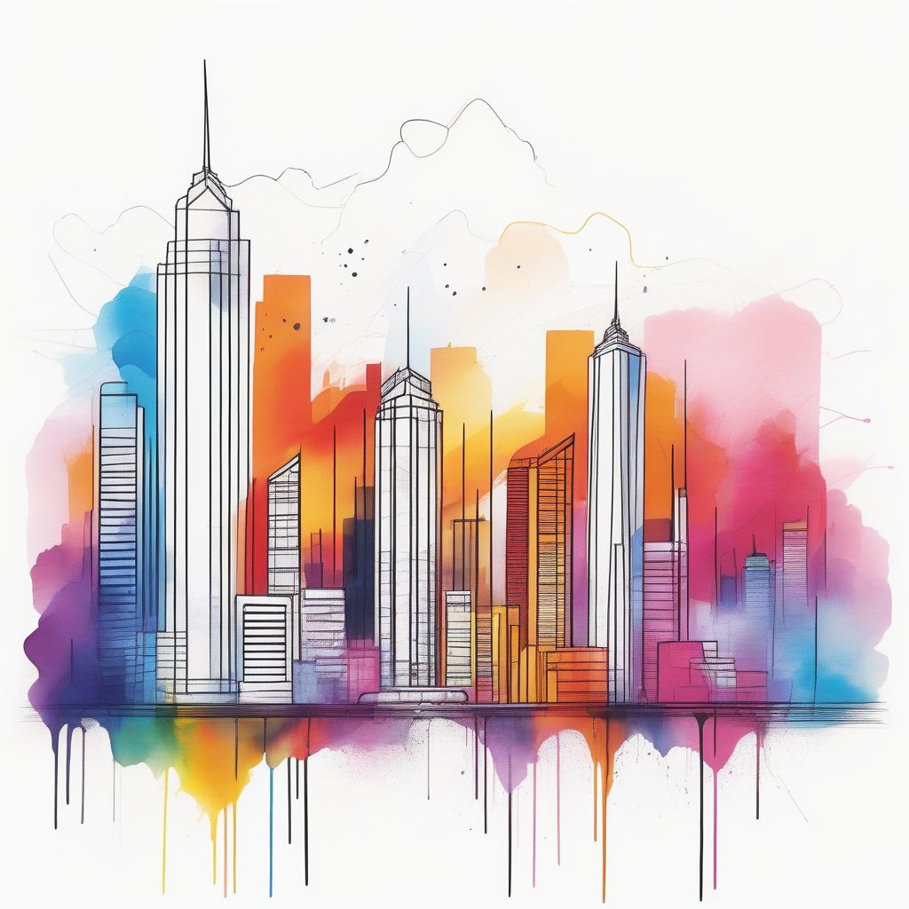 几何城市天际线：彩色水墨流淌的极简建筑速写