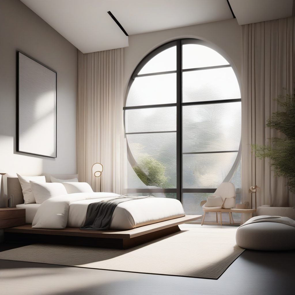 几何光线主卧:圆形窗户下的奶油亚麻布艺8K静谧空间