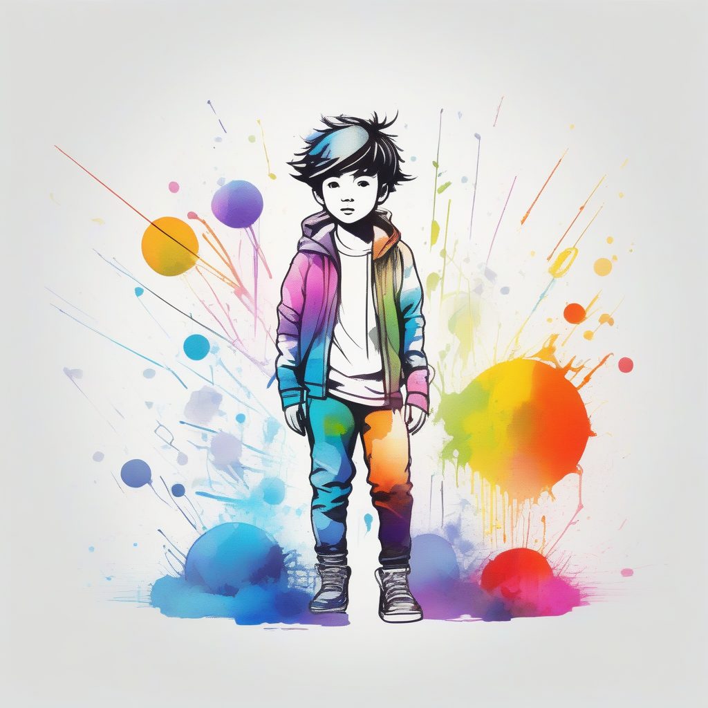 几何光影中的Chibi男孩：全身站立AI绘图，泼墨风格