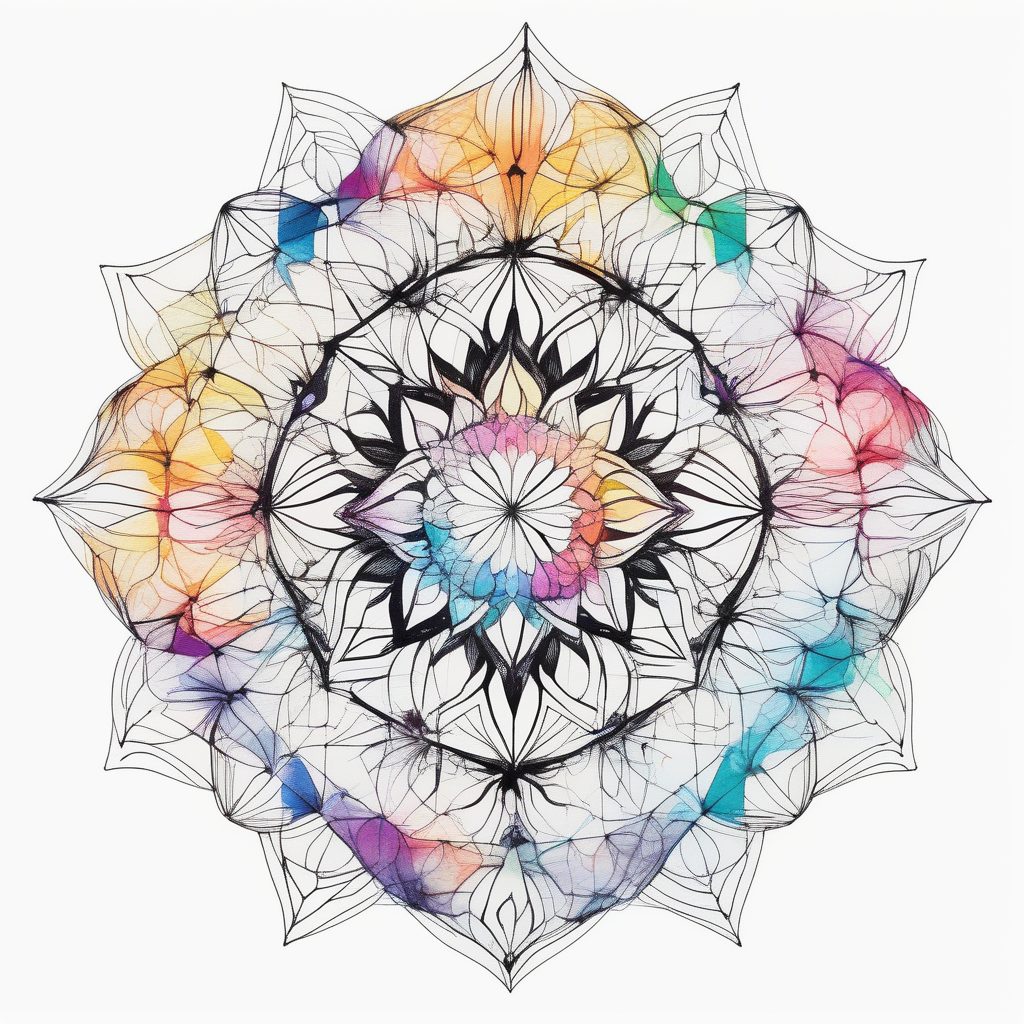 几何曼陀罗花卉：纯白色背景上的彩虹溅射