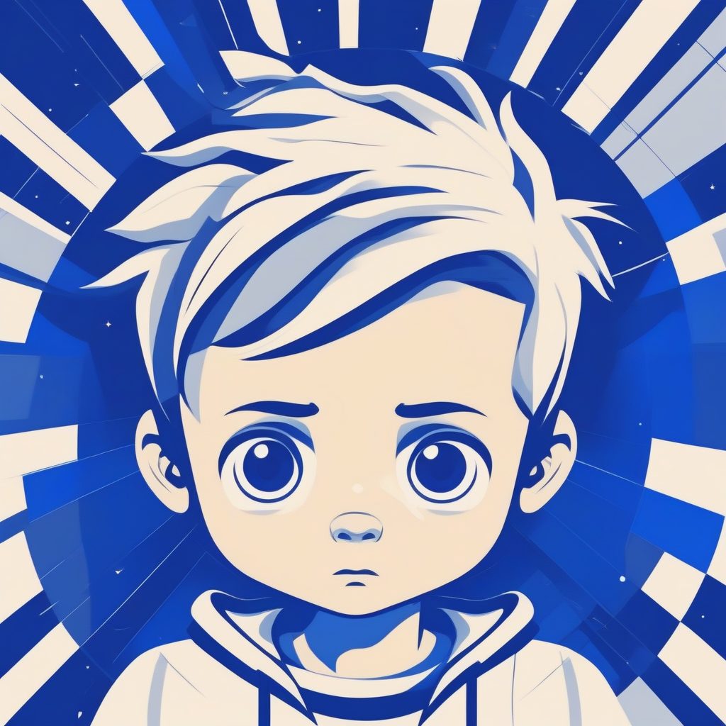 几何美学：特写镜头下惊讶表情的Q版男孩向量图